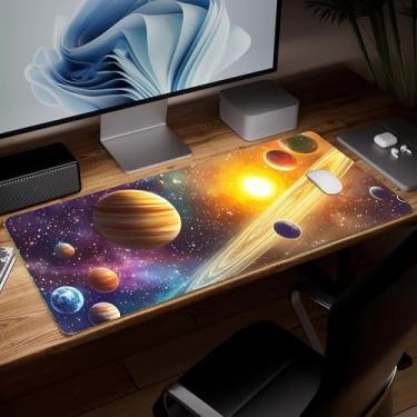 Imagem de Tapete de mesa de couro planeta, mouse pad de arte colorida grande teclado de computador para jogos mousepad à prova d'água protetor e capa de mesa, tapete de mouse decorativo de couro PU para laptop
