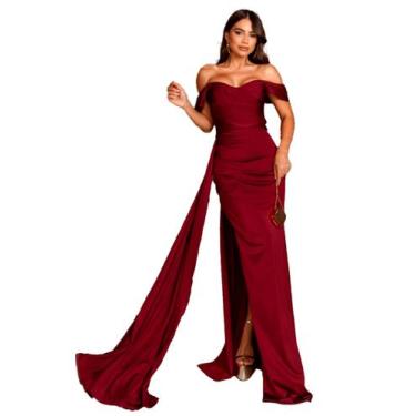 Imagem de Vestido Longo Festa Cetim Ombro a Ombro com Fenda Lateral  - Glamoor F