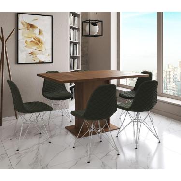 Imagem de Mesa Jantar Londres Retangular Amêndoa 137X90Cm 6 Cadeiras Estofadas Verde Ferro Branco