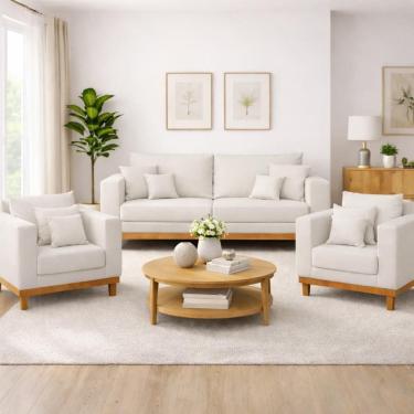 Imagem de Kit 2 Poltronas Living + Sofá 3 Lugares Base Madeira Linho