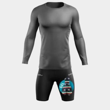 Imagem de Conjunto Ciclismo Masculino Kit Camisa UV Cinza + Bermuda Forro em Gel
