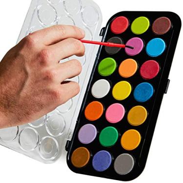 Imagem de Conjunto de tinta de aquarela vibrante, portátil com pincel. 21 cores brilhantes em um estojo de transporte de plástico. Paleta de bolo de tinta divertida e colorida para pinturas de qualidade é um ót