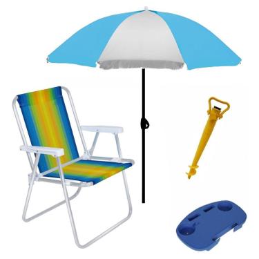 Imagem de Kit Praia Cadeira Alta Alumínio + Guarda Sol + Mesa Portátil + Saca Areia - Mor