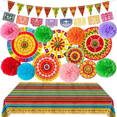 Imagem de 35 peças de decoração de festa mexicana temática de festa - Cinco de Mayo decoração de artigos de festa para aniversário casamento chá de bebê - leques de papel + pompons + flâmula + faixa de papel