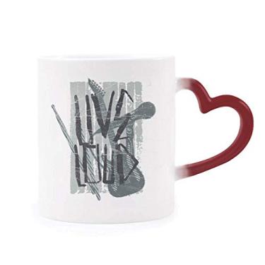 Imagem de Caneca de grés com estampa de instrumentos musicais de jazz cinza sensível ao calor que muda de cor vermelha