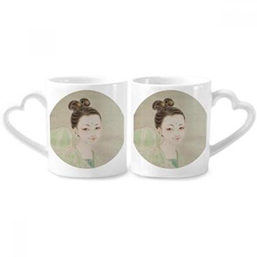 Imagem de Conjunto de caneca de porcelana tradicional chinesa verde com pintura de beleza para casais, copo de amante de cerâmica com alça de coração