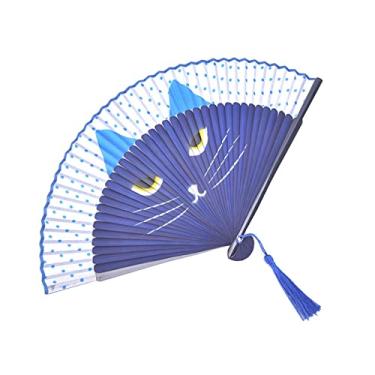 Imagem de Leque dobrável gato desenho animado seda moda estilo japonês leques de mão populares ventiladores dobráveis portáteis nova cabeça de gato pintada com spray vento japonês acessórios decorativos feitos à mão (cor: azul)