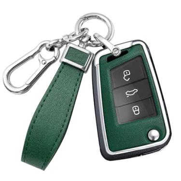 Imagem de HIBEYO Capa de chave para VW Golf 7 Capa de chave de carro para Volkswagen Polo Tiguan MK7 Sagitar T-ROC Lavida acessórios com chaveiros liga PU material de couro protetor porta-chaves - Verde