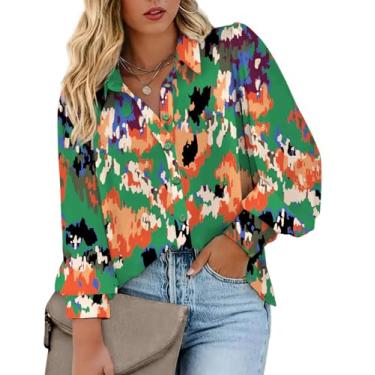 Imagem de IN'VOLAND Blusas femininas plus size de botão com estampa de manga comprida Boho camisas florais camisas havaianas trabalho escritório tops, A9 multicolorido, 23 Plus Size