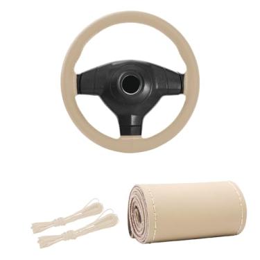 Imagem de Kewucn Capa de volante de couro genuíno, protetor universal de volante de carro de 15 polegadas com linha de agulha, capa de volante antiderrapante respirável DIY Stitch on Wrap (bege, brilhante)