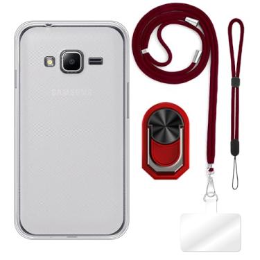 Imagem de Capa projetada para Samsung Galaxy J1 Mini Prime (10 cm) + cordão ajustável transversal e pescoço, alça de pulso macia e suporte de anel de dedo estilo mecha com suporte