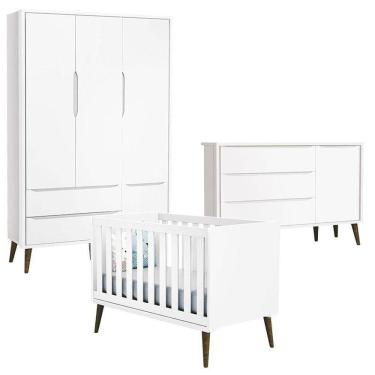 Imagem de Quarto De Bebê Theo 3 Portas Com Cômoda Com Porta Branco Acetinado Com Pés Amadeirado - Reller
