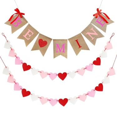 Imagem de Banner de juta para o Dia dos Namorados, decoração de casa dos namorados, faixa Be Mine para pendurar e 28 peças de guirlanda de coração de feltro para parede de lareira de manto, decorações pré-montadas - não é necessário fazer você mesmo