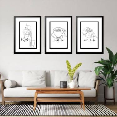 Imagem de Kit 3 Quadros Grandes Café Respira Inspira Não Pira 60X48Cm