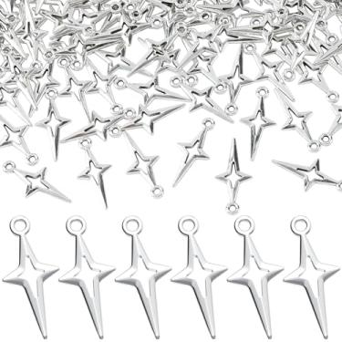 Imagem de SmallCat Pingente de estrela 150 peças para fazer joias, pingente de estrela de quatro pontas oco de metal prateado, pingente decorativo de estrelas pequenas vívidas para brincos, artesanato DIY