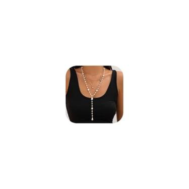 Imagem de Vpanda Colares de pérolas para mulheres, colar de ouro delicado banhado a ouro 14 K, colar longo em Y, colar em camadas com pingente de sol e lua, corrente cubana, colares de gota de pérolas, joias