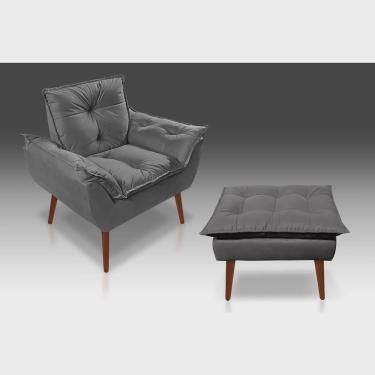 Imagem de Kit 01 Poltrona Opala + 01 Puff Opala Com Fibra Siliconada Suede Cinza Grafite-Pandora Decor