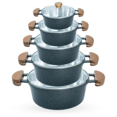 Imagem de Jogo de Panelas 5 Peças De Alumínio Fundido Com Alça De Madeira e Tamp