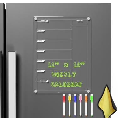 Imagem de Calendário magnético de acrílico apagável a seco para geladeira transparente 40 x 30 cm menu planejador de refeições semanal vertical apagável quadro branco 38 x 28 cm com marcador apagável em 6 cores