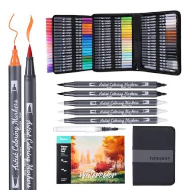 Imagem de Conjunto de canetas aquarela, marcadores de tinta de ponta dupla de 72 cores, canetas para colorir à base de água com 1 Aquapen, 3 liquidificadores incolores, 2 marcadores pretos e bloco de 12 páginas