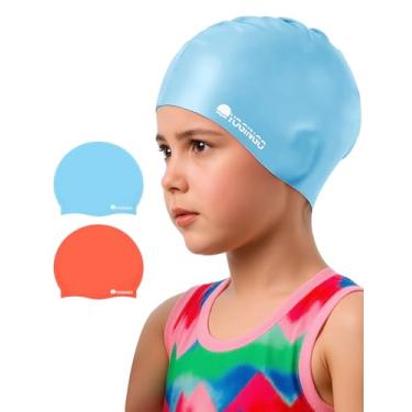 Imagem de Pacote com 2 toucas de natação para crianças - touca de natação para cabelos longos e curtos - Toucas de natação de silicone para meninas e meninos, touca de natação para crianças de 3 a 15 anos