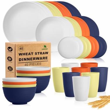 Imagem de SINOGE Conjunto de 40 peças de pratos e tigelas, conjuntos de louça inquebrável de palha de trigo para 8, pratos de jantar reutilizáveis de palha de trigo, pratos seguros para lava-louças, micro-ondas