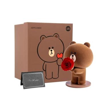 Imagem de JoyFlower Line Friends Urso Pardo Segurando Flores Preservadas, Rosa Vermelha Eterna E Verdadeira, Presente Romântico Com Caixa Elegante Para Namorada Esposa No Dia Dos Namorados, Aniversário, Casam