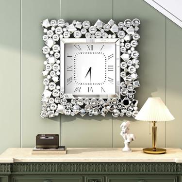 Imagem de SHYFOY Relógio de parede espelhado de 50 cm - Relógio de parede quadrado decorativo moderno com algarismos romanos, relógios de parede silenciosos de luxo para decoração de casa