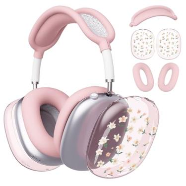 Imagem de BlHMCASE Capa de fone de ouvido para AirPods Max, capas de fones de ouvido transparentes florais florais fofas, capa de silicone rosa para fones de ouvido para Apple AirPods Max