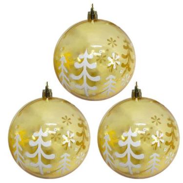 Imagem de Kit 3 Bolas de Natal Decorada Print Mix Dourada Translúcida Luxo 10cm 
