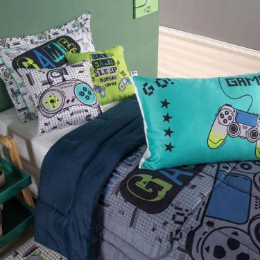 Imagem de Kit Edredom Solteiro 5 Peças Infantil juvenil Diversão Gamer Menino Hi