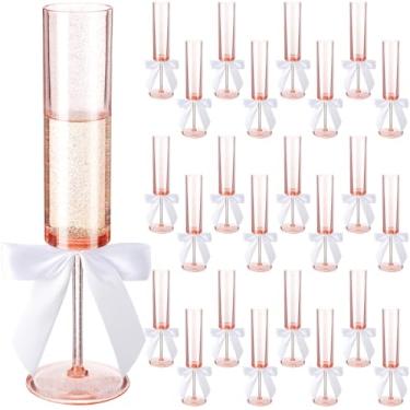 Imagem de Sliner Taça de champanhe acrílica ouro rosa com purpurina com laço, taças de vinho ouro rosa de 170 g Taças de champanhe reutilizáveis de haste alta de acrílico para brindes de casamento, aniversário