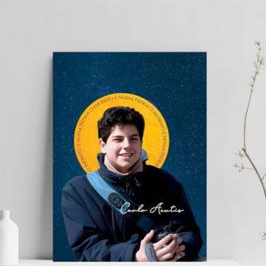 Imagem de Placa Decorativa São Carlo Acutis, MDF, 20x28cm, Com Fita Dupla Face