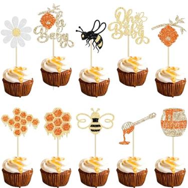 Imagem de Gyufise 30Pcs Bumble Bee Cupcake Toppers Black Gold Glitter Bee Baby Shower Decorations for Gender Reveal Baby Shower Kids Boys Girls Birthday Party Cake Decorations Supplies
