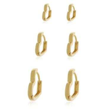 Imagem de Trio de Brincos de Corações Vasados Semi Joias Banhado Ouro 18k - Stel