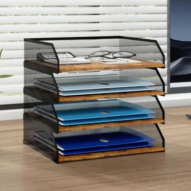 Imagem de Natwind Bandeja de papel empilhável de 4 camadas, organizador de mesa de malha de metal, classificador de papel, bandejas de cartas, rack de armazenamento de documentos para casa, escritório, escola