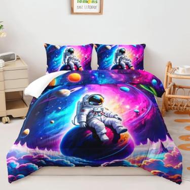 Imagem de AILONEN Conjunto de cama infantil tamanho casal, estampa do espaço sideral, galáxia, para meninos e meninas, planetas sonhadores, astronauta, edredom com 2 fronhas, 3 peças