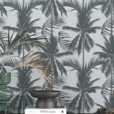 Imagem de Wallink Papel de parede autoadesivo botânico de palmeira cinza descasque e cole 44,5 cm x 304,8 cm Palmeira tropical papel de contato cinza e preto papel de parede para decoração de paredes e porta de
