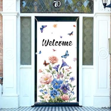 Imagem de arricraft 1 peça de capa de porta com tema de boas-vindas, estampa de borboleta, estampa de rosa, cenário de fundo para porta de festa, parede, varanda, decoração interna e externa, 90 x 184 cm