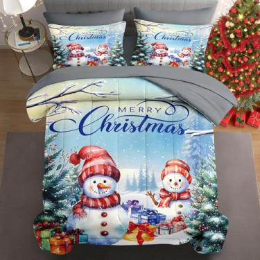 Imagem de WeCozy Jogo de edredom solteiro de Natal com fronha e capa, 5 peças, roupa de cama de inverno com boneco de neve engraçado vermelho e lençol de cima
