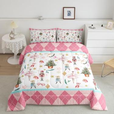 Imagem de Feelyou Conjunto de edredom solteiro com quebra-nozes, Natal, guardião real, balé, princesa, ano novo, rosa, búfalo, xadrez, presente para crianças, meninos, meninas, 1 fronha