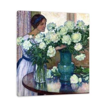 Imagem de White PeoniesThéo van Rysselberghe: Impressão em tela neoimpressionista belga chave 19,78 x 59,9 cm emoldurada