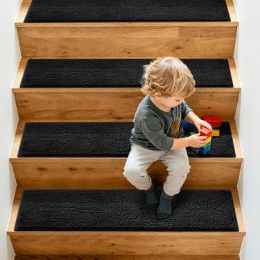 Imagem de SHIEN Escadas antiderrapantes para degraus de madeira, tapetes de escada extra grossos de 20 x 76 cm (13 mm), bordas costuradas com precisão e sem necessidade de corte, tapetes de poliéster