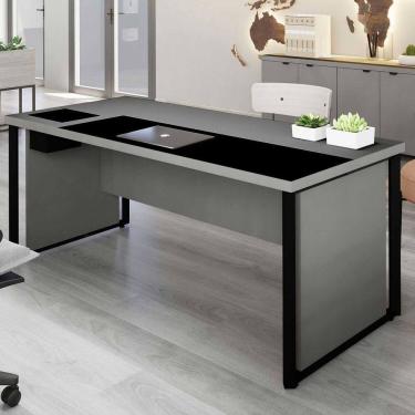 Imagem de Mesa Executiva para Escritório Diretor 200cm com Caixa de Tomadas Porta Objetos Corporate Cinza Sagrado / Preto