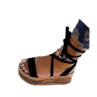 Imagem de Bigfanshu Sandálias femininas verão cobra sapato anabela estampa étnica moda casual cadarço praia feminina plus size, Preto, 35 BR