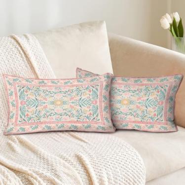 Imagem de COARVXA Conjunto de 2 capas de almofada florais, 30 x 50 cm, rosa blush, decoração de casa de fazenda, capa de almofada decorativa dupla face, capa de almofada macia para sofá, quarto, cama, varanda e