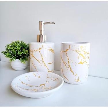 Imagem de Kit Banheiro 3 Peças em Cerâmica - Porta Sabonete Líquido, Saboneteira e Porta Escova para Lavabo(BRANCO)