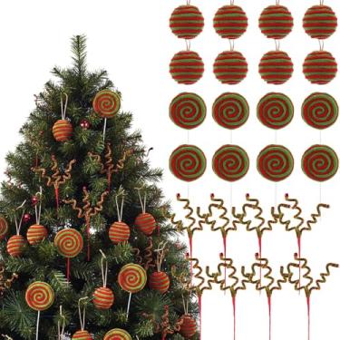 Imagem de Syhood 24 peças de enfeites de Natal, bolas fofas de Natal, bengala doce de lã, cacheados, galhos para pendurar no Natal, guirlanda, guirlanda, vaso de mesa, decoração de cornija (vermelho e verde)