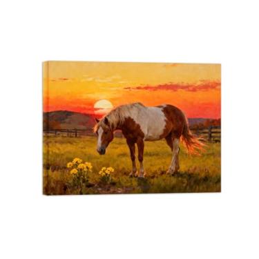 Imagem de Quadro parede outono-Cavalo sol campo Impressões em tela paisagens-Pintura animais para decoração sala estar 60x80cm Tela Embrulhada
