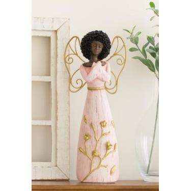 Imagem de The Bridge Collection African American Figurine with Gold Wings - Angel Statue with Pink Dress and Floral Accents - Spiritual and Inspirational Angel Decor